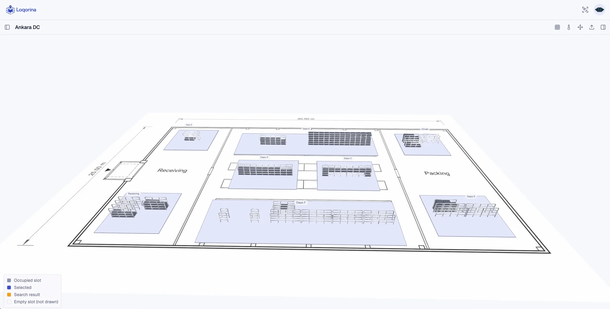A full warehouse site rendered in Loqorina, every zone at once
