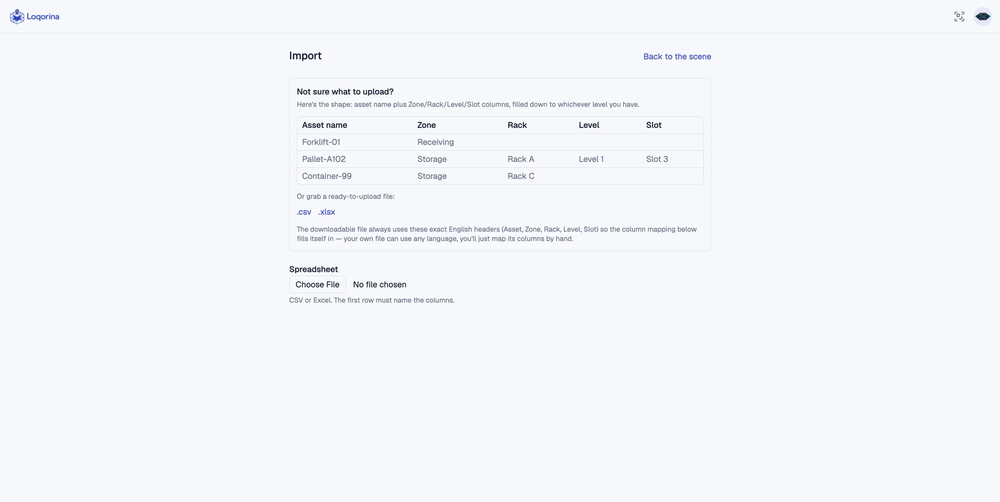 CSV or Excel import screen showing the expected column shape and ready-to-download templates