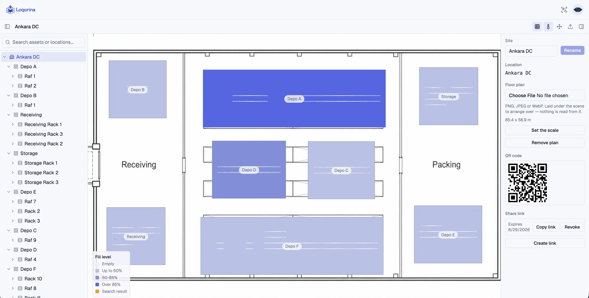 A fill-level heatmap over the floor plan, color-coded by occupancy