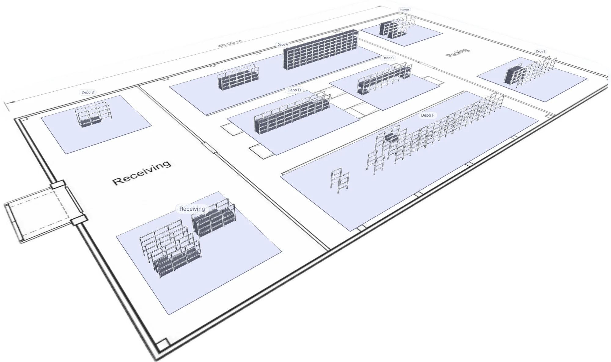 Loqorina's 3D digital twin of a warehouse floor